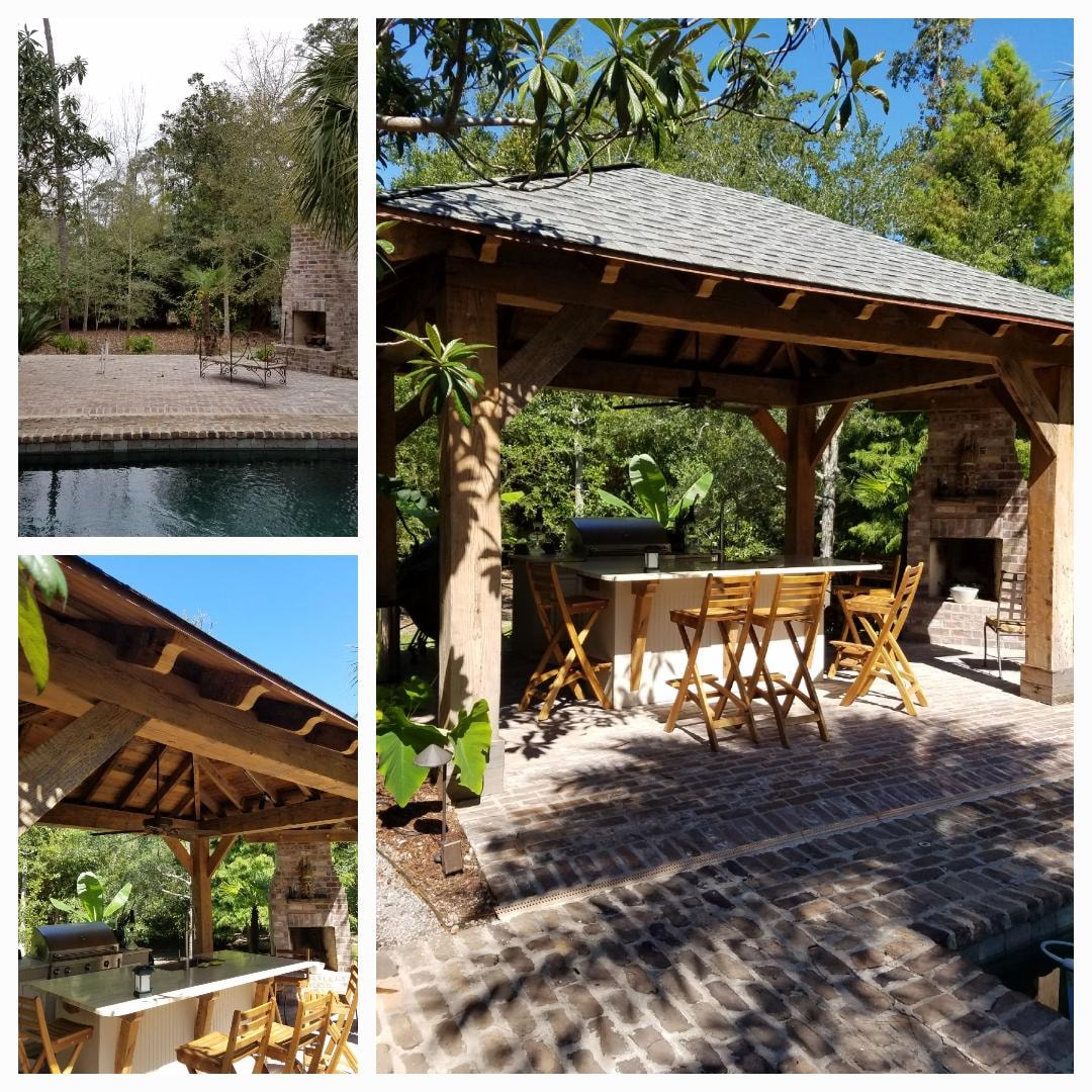 Custom outdoor pergola with kitchen and fireplace